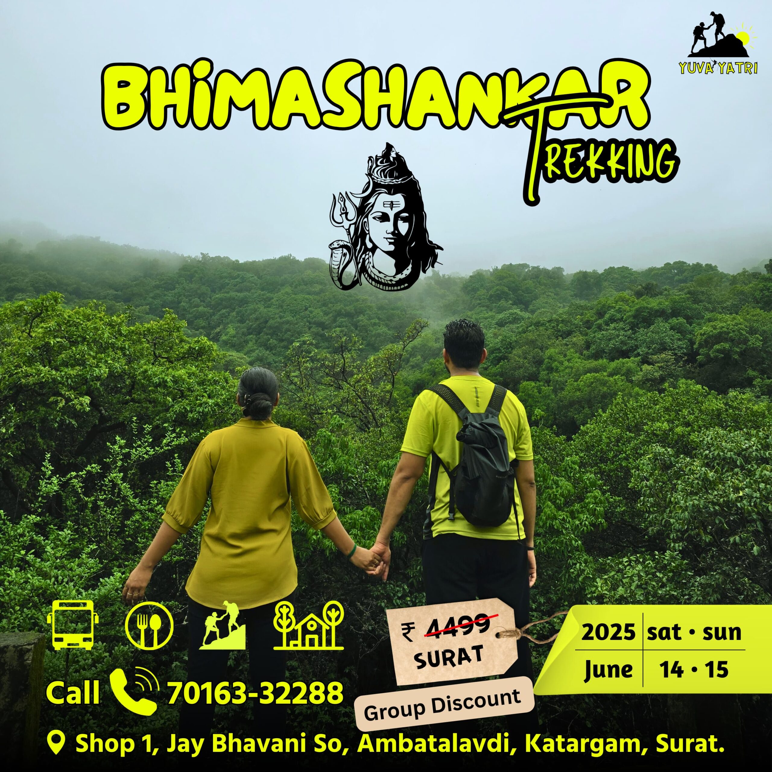 Couple overlooking Bhimashankar forest with misty monsoon view; Bhimashankar Trekking 2025 poster showing June dates, βΉ4499 price, group discount, and Yuva Yatri contact details.